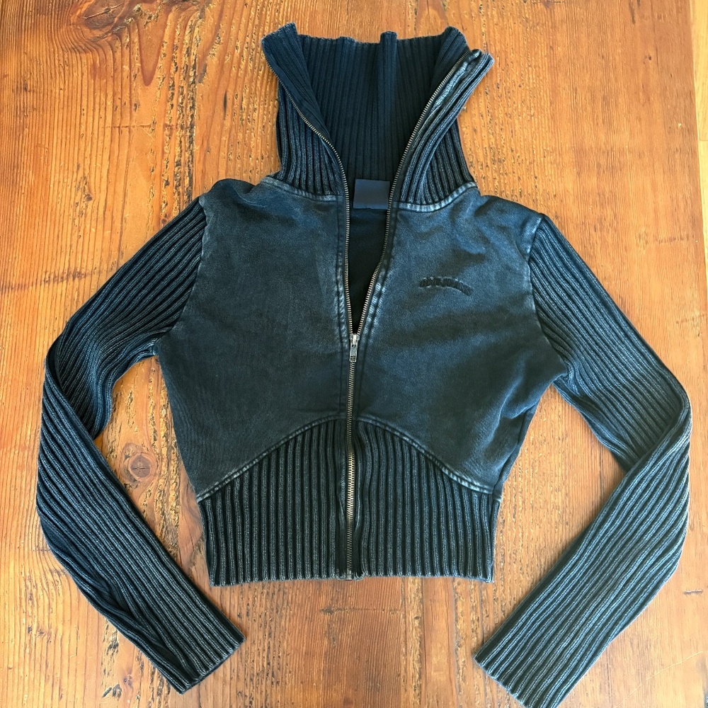BDG Thea Ribbed Track Sweater in Size Large, Black Wash, Cropped Turtleneck - Picture 3 of 11